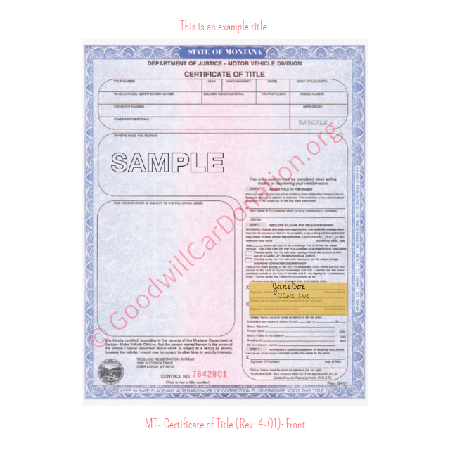 This is an Example of Montana Certificate of Title (Rev. 04-01) Front View | Goodwill Car Donations
