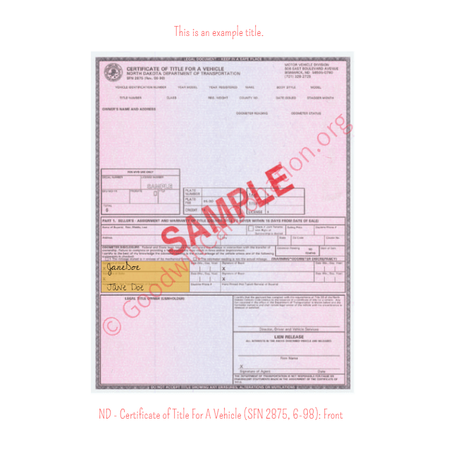 This is an Example of North Dakota Certificate of Title For A Vehicle (SFN 2875, 6-98) Front View | Goodwill Car Donations
