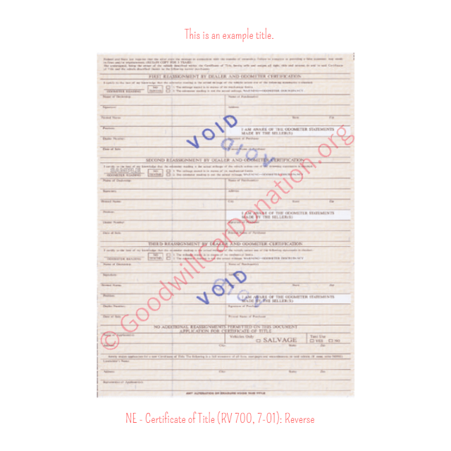 This is an Example of Nebraska Certificate of Title (RV 700, 7-01) Reverse View | Goodwill Car Donations
