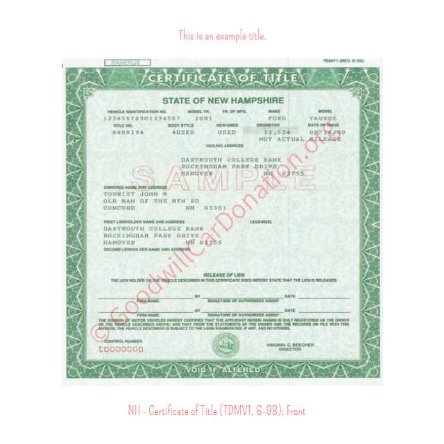 This is an Example of New Hampshire Certificate of Title (TDMV1, 6-98) Front View | Goodwill Car Donations
