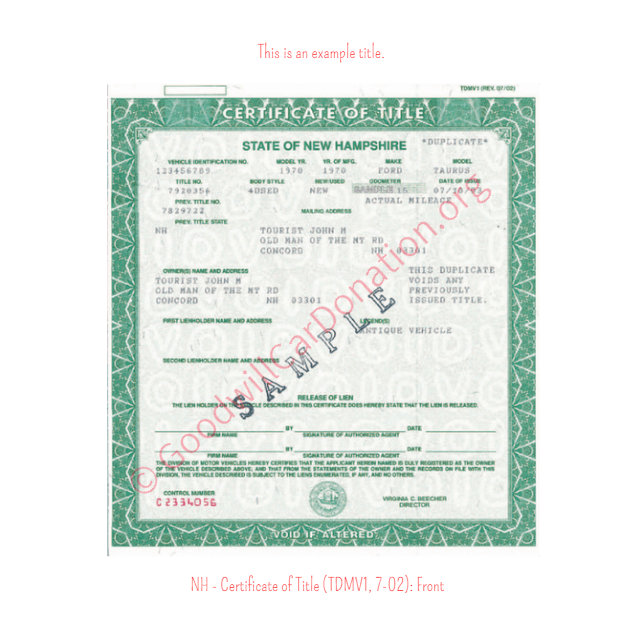 This is an Example of New Hampshire Certificate of Title (TDMV1, 7-02) Front View | Goodwill Car Donations
