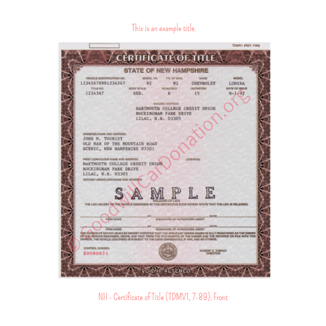 This is an Example of New Hampshire Certificate of Title (TDMV1, 7-89) Front View | Goodwill Car Donations
