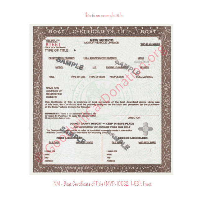 This is an Example of New Mexico Boat Certificate of Title (MVD-10032, 1-93) Front | Goodwill Car Donations
