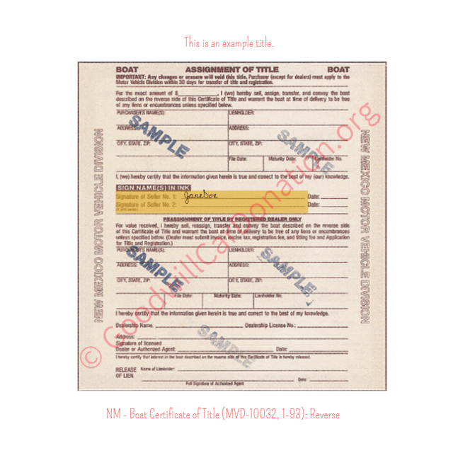 This is an Example of New Mexico Boat Certificate of Title (MVD-10032, 1-93) Reverse | Goodwill Car Donations
