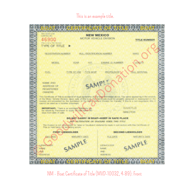 This is an Example of New Mexico Boat Certificate of Title (MVD-10032, 4-89) Front | Goodwill Car Donations
