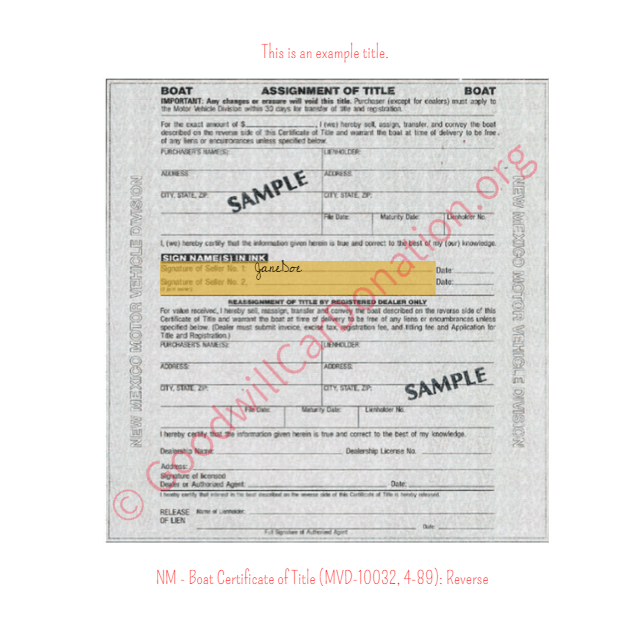 This is an Example of New Mexico Boat Certificate of Title (MVD-10032, 4-89) Reverse | Goodwill Car Donations
