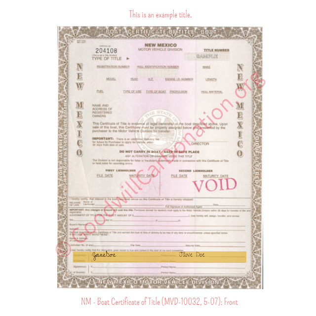 This is an Example of New Mexico Boat Certificate of Title (MVD-10032, 5-07) Front | Goodwill Car Donations
