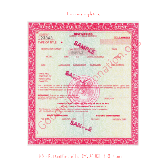 This is an Example of New Mexico Boat Certificate of Title (MVD-10032, 8-95) Front | Goodwill Car Donations
