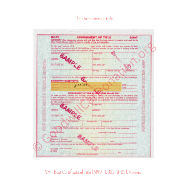 This is an Example of New Mexico Boat Certificate of Title (MVD-10032, 8-95) Reverse | Goodwill Car Donations
