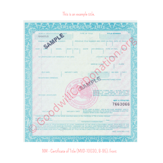 This is an Example of New Mexico Certificate of Title (MVD-10030, 8-95) Front | Goodwill Car Donations

