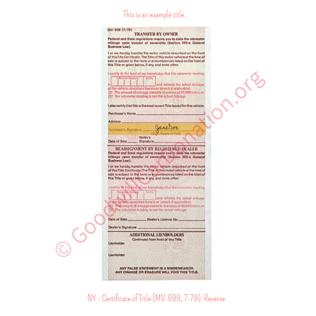 This is an Example of New York Certificate of Title (MV-999, 7-79) Reverse View | Goodwill Car Donations
