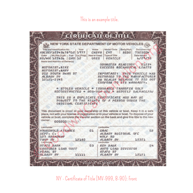 This is an Example of New York Certificate of Title (MV-999, 8-90) Front View | Goodwill Car Donations
