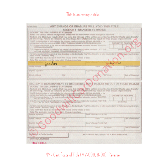 This is an Example of New York Certificate of Title (MV-999, 8-90) Reverse View | Goodwill Car Donations
