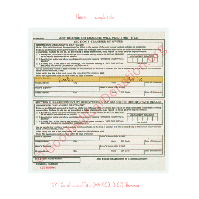This is an Example of New York Certificate of Title (MV-999, 8-92) Reverse View | Goodwill Car Donations
