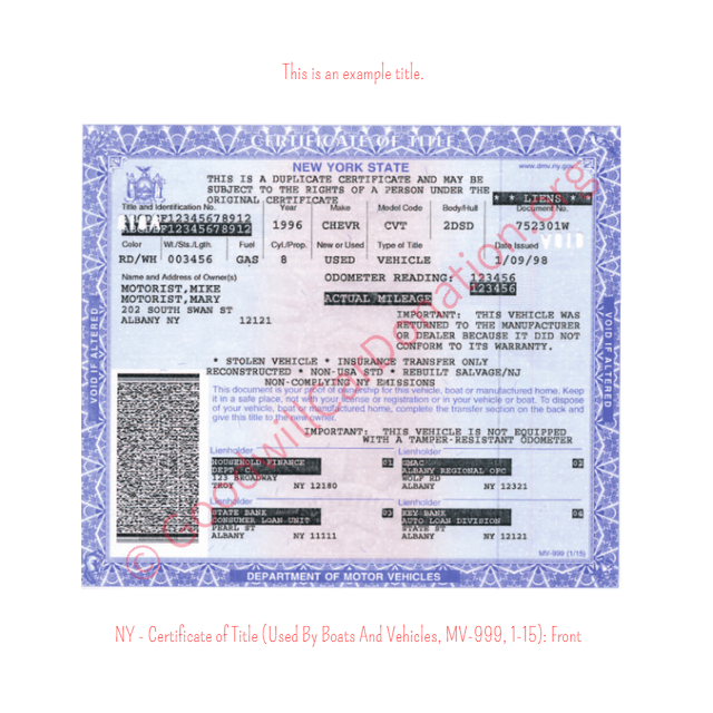 This is an Example of New York Certificate of Title (Used BY Boats And Vehicles, MV-999, 1-15) Front View | Goodwill Car Donations
