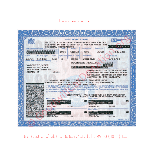 This is an Example of New York Certificate of Title (Used BY Boats And Vehicles, MV-999, 10-01) Front View | Goodwill Car Donations

