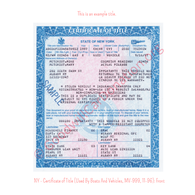 This is an Example of New York Certificate of Title (Used BY Boats And Vehicles, MV-999, 11-96) Front View | Goodwill Car Donations
