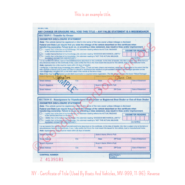 This is an Example of New York Certificate of Title (Used BY Boats And Vehicles, MV-999, 11-96) Reverse View | Goodwill Car Donations
