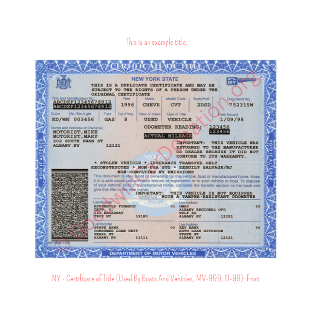 This is an Example of New York Certificate of Title (Used By Boats And Vehicles, MV-999, 11-99) Front View | Goodwill Car Donations
