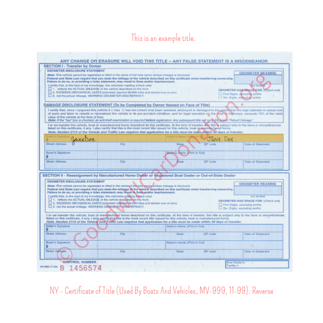 This is an Example of New York Certificate of Title (Used By Boats And Vehicles, MV-999, 11-99) Reverse View | Goodwill Car Donations
