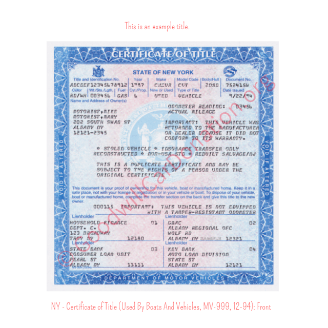 This is an Example of New York Certificate of Title (Used By Boats And Vehicles, MV-999, 12-94) Front View | Goodwill Car Donations
