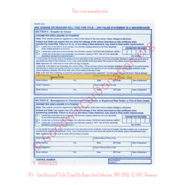 This is an Example of New York Certificate of Title (Used By Boats And Vehicles, MV-999, 12-94) Reverse View | Goodwill Car Donations
