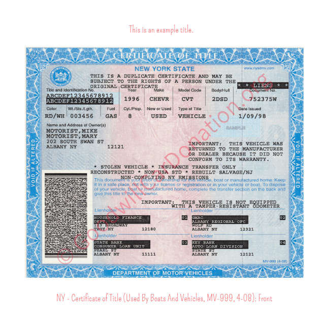 This is an Example of New York Certificate of Title (Used BY Boats And Vehicles, MV-999, 4-08) Front View | Goodwill Car Donations
