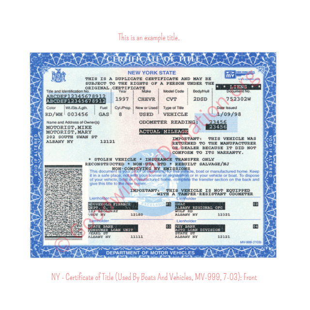 This is an Example of New York Certificate of Title (Used BY Boats And Vehicles, MV-999, 7-03) Front View | Goodwill Car Donations
