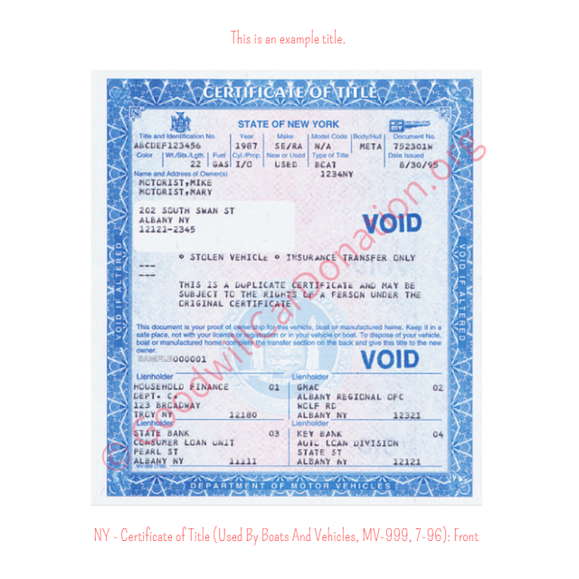 This is an Example of New York Certificate of Title (Used BY Boats And Vehicles, MV-999, 7-96) Front View | Goodwill Car Donations