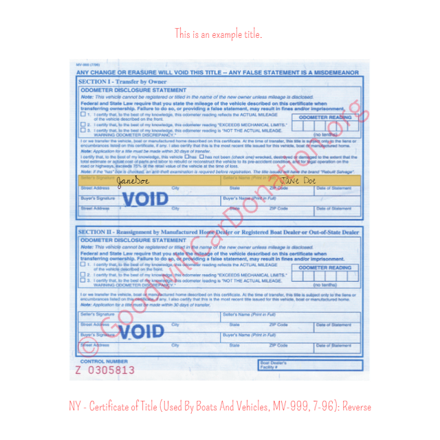 This is an Example of New York Certificate of Title (Used BY Boats And Vehicles, MV-999, 7-96) Reverse View | Goodwill Car Donations
