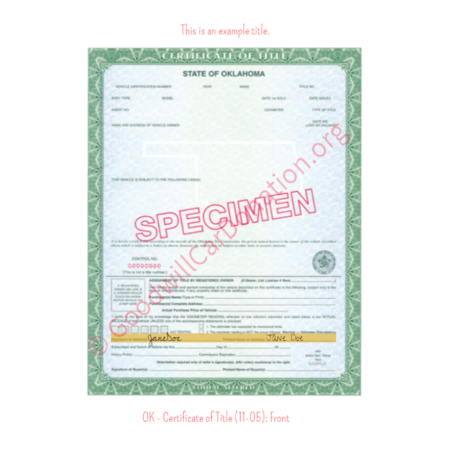 This is an Example of Oklahoma Certificate of Title (11-05) Front View | Goodwill Car Donations
