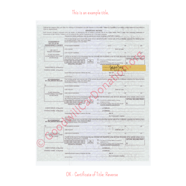 This is an Example of Oklahoma Certificate of Title (Copy 2) Reverse View | Goodwill Car Donations
