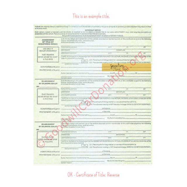 This is an Example of Oklahoma Certificate of Title (Copy 3) Reverse View | Goodwill Car Donations
