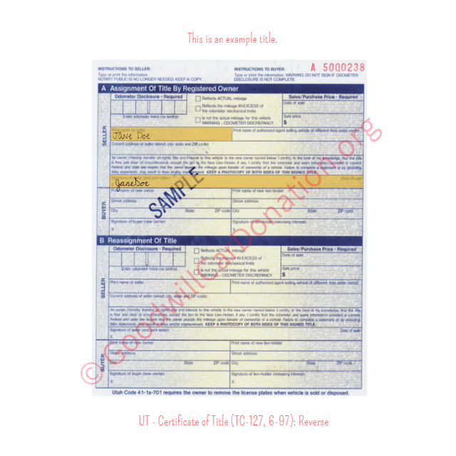 This is an Example of Utah Certificate of Title (TC-127, 6-97) Reverse View | Goodwill Car Donations
