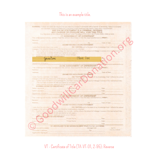 This is an Example of Vermont Certificate of Title (TA-VT-01, 2-95) Reverse View | Goodwill Car Donations
