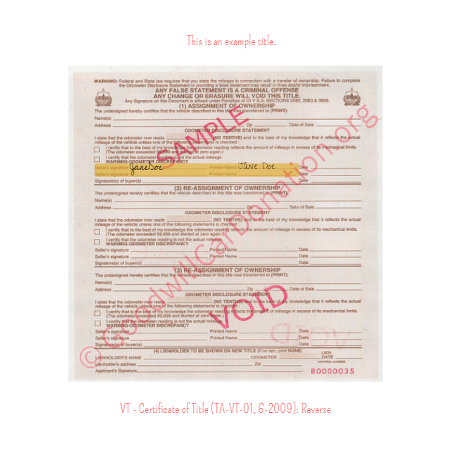 This is an Example of Vermont Certificate of Title (TA-VT-01, 6-2009) Reverse View | Goodwill Car Donations
