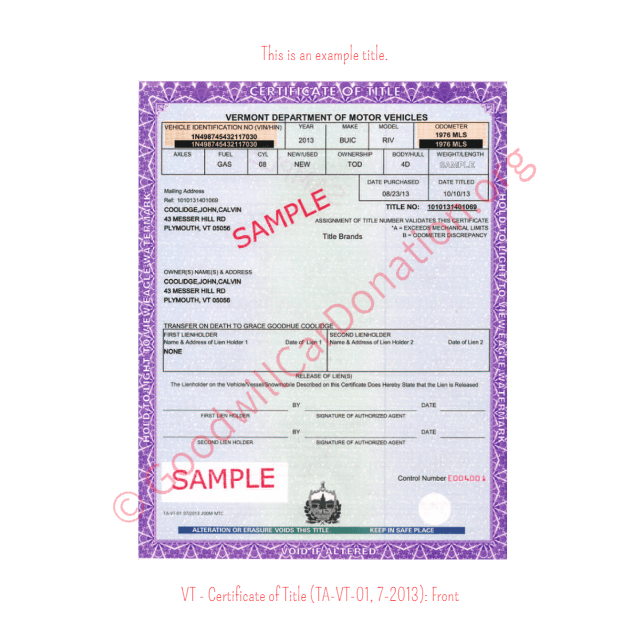 This is an Example of Vermont Certificate of Title (TA-VT-01, 7-2013) Front View | Goodwill Car Donations

