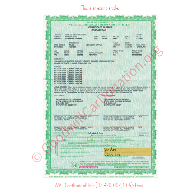 This is an Example of Washington Certificate of Title (TD- 420-002, 1-05) Front View | Goodwill Car Donations
