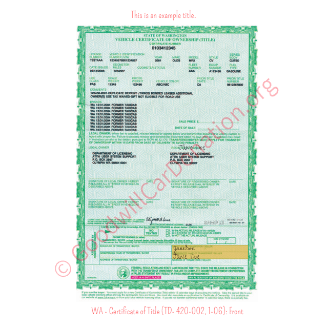 This is an Example of Washington Certificate of Title (TD- 420-002, 1-06) Front View | Goodwill Car Donations
