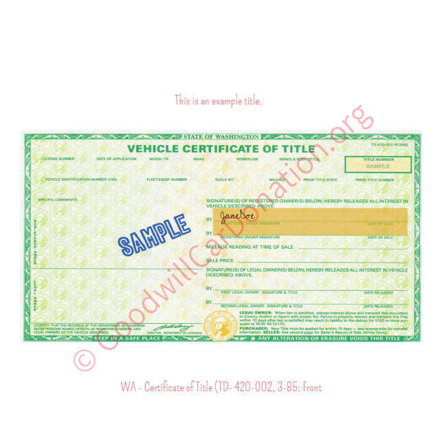 This is an Example of Washington Certificate of Title (TD- 420-002, 3-85) Front View | Goodwill Car Donations

