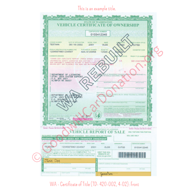 This is an Example of Washington Certificate of Title (TD- 420-002, 4-02) Front View | Goodwill Car Donations
