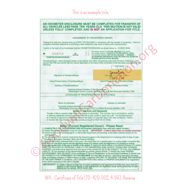 This is an Example of Washington Certificate of Title (TD- 420-002, 4-96) Reverse View | Goodwill Car Donations
