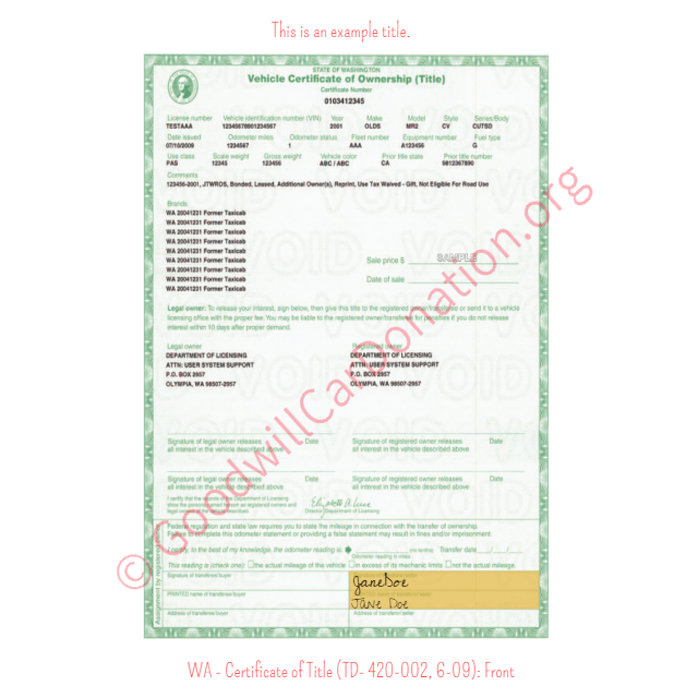 This is an Example of Washington Certificate of Title (TD- 420-002, 6-09) Front View | Goodwill Car Donations
