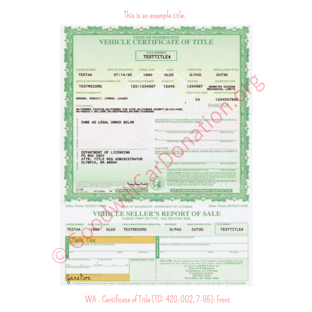 This is an Example of Washington Certificate of Title (TD- 420-002, 7-95) Front View | Goodwill Car Donations
