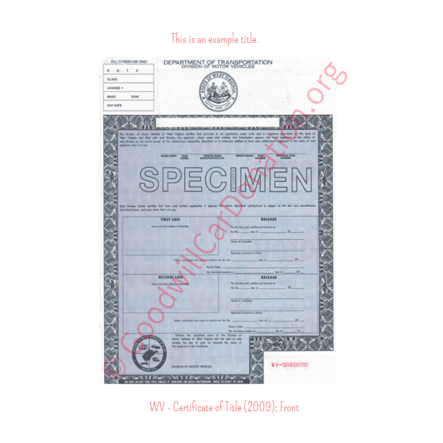 This is an Example of West Virginia Certificate of Title (2009) Front View | Goodwill Car Donations
