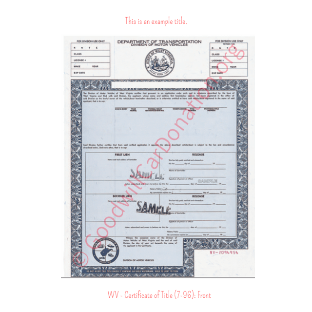 This is an Example of West Virginia Certificate of Title (7-96) Front View | Goodwill Car Donations
