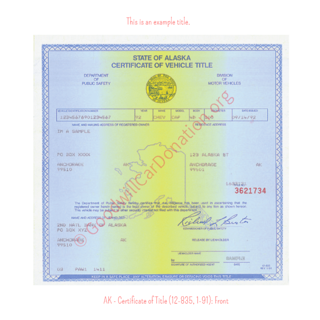 This is a Sample of Alaska Certificate of Title (12-835, 1-91): Front | Goodwill Car Donations