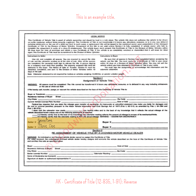 This is a Sample of AK Certificate of Title 12-835-1-91-Reverse | Goodwill Car Donations