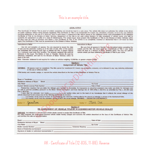 This is a Sample of AK Certificate of Title 12-835-11-88-Reverse | Goodwill Car Donations