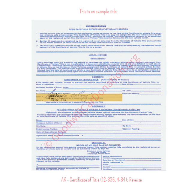 This is a Sample of AK Certificate of Title 12-835-4-84-Reverse | Goodwill Car Donations
